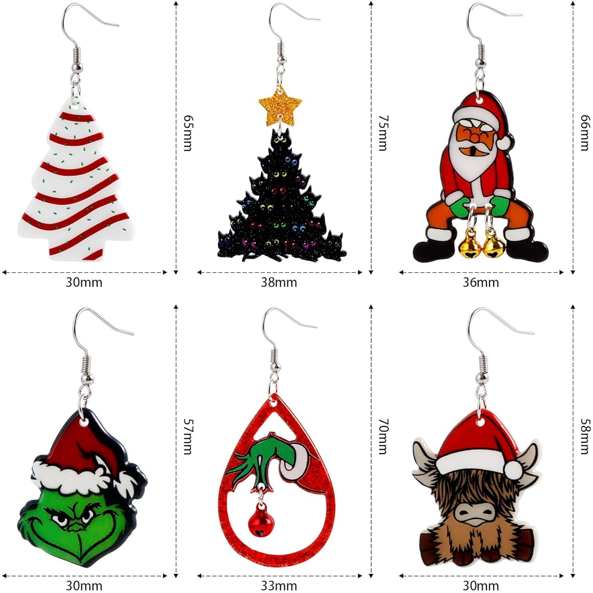 Christmas Earrings Women Christmas Dangle Earrings Holiday Earrings Acrylic Christmas Tree Cow Decoration Christmas Jewelry 6 Pairs