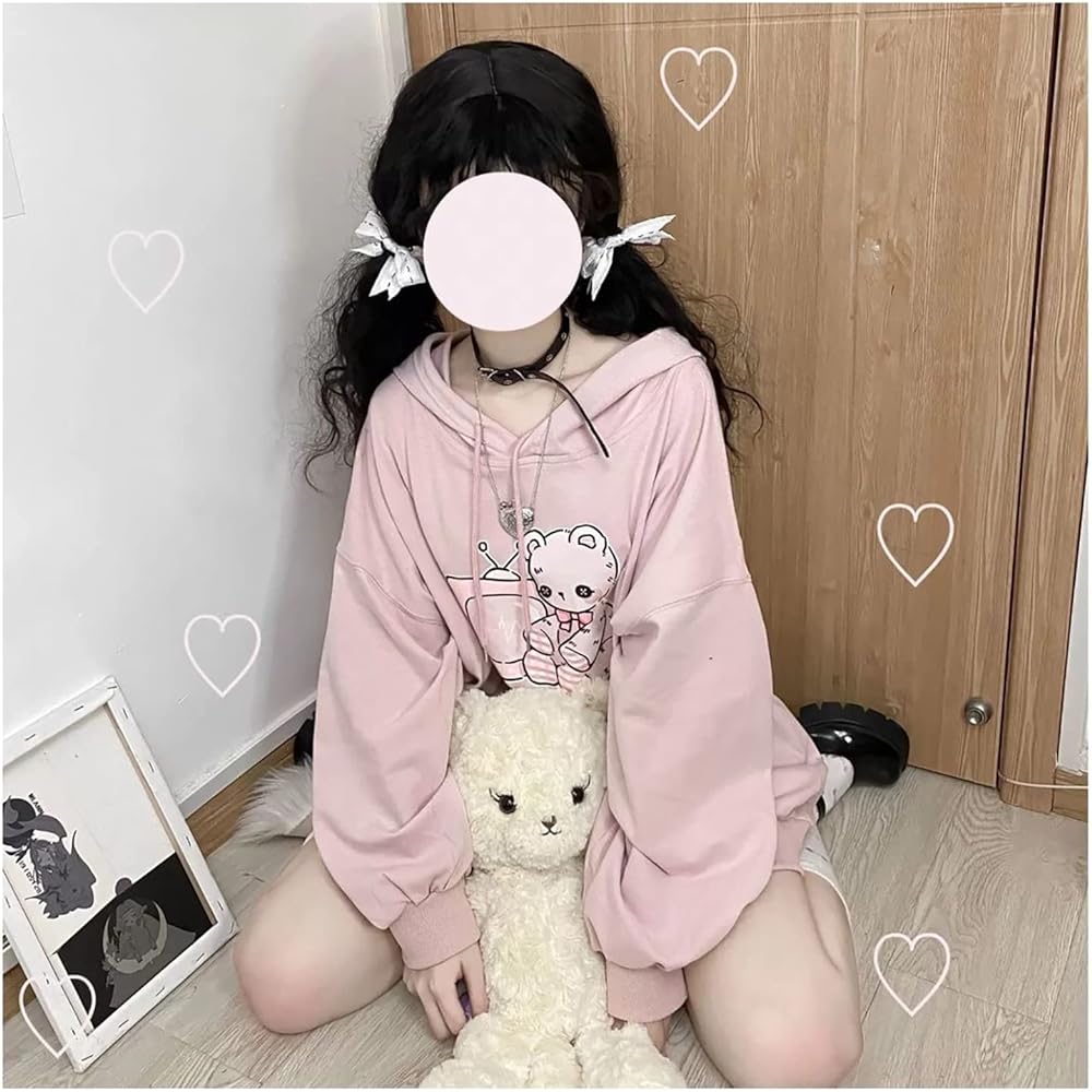 [TOWYYO] Cute Bear Pattern Heart Parka for Women, Students, Cute Girls, Long Sleeve, Hooded, Loose, Large Size, Mine Sweat Tops, Spring, Autumn