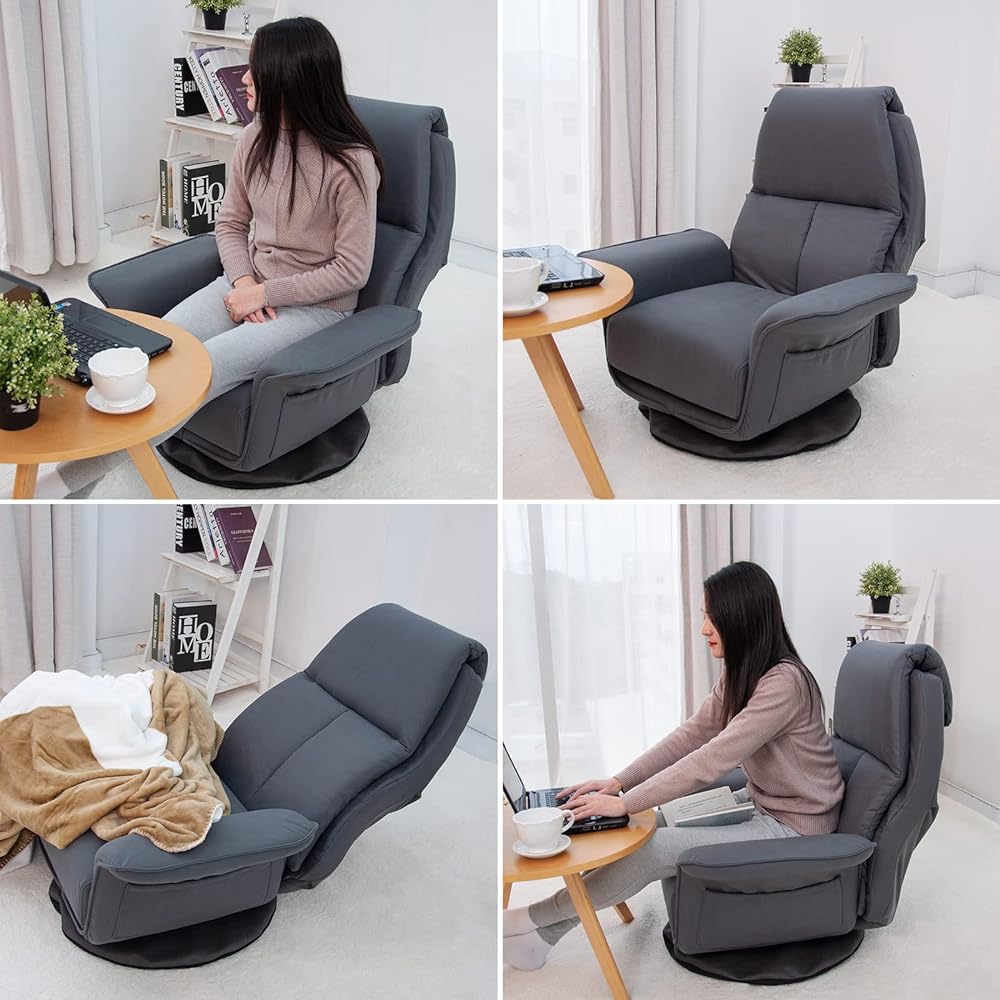 WAVV Swivel Chair, Memory Foam, Volume Seat, High Back Seat, 6 Levels of Reclining, Floor Chair, Armrest Included, Pockets on Both Sides, Waterproof Fabric, Seat Chair (Black)