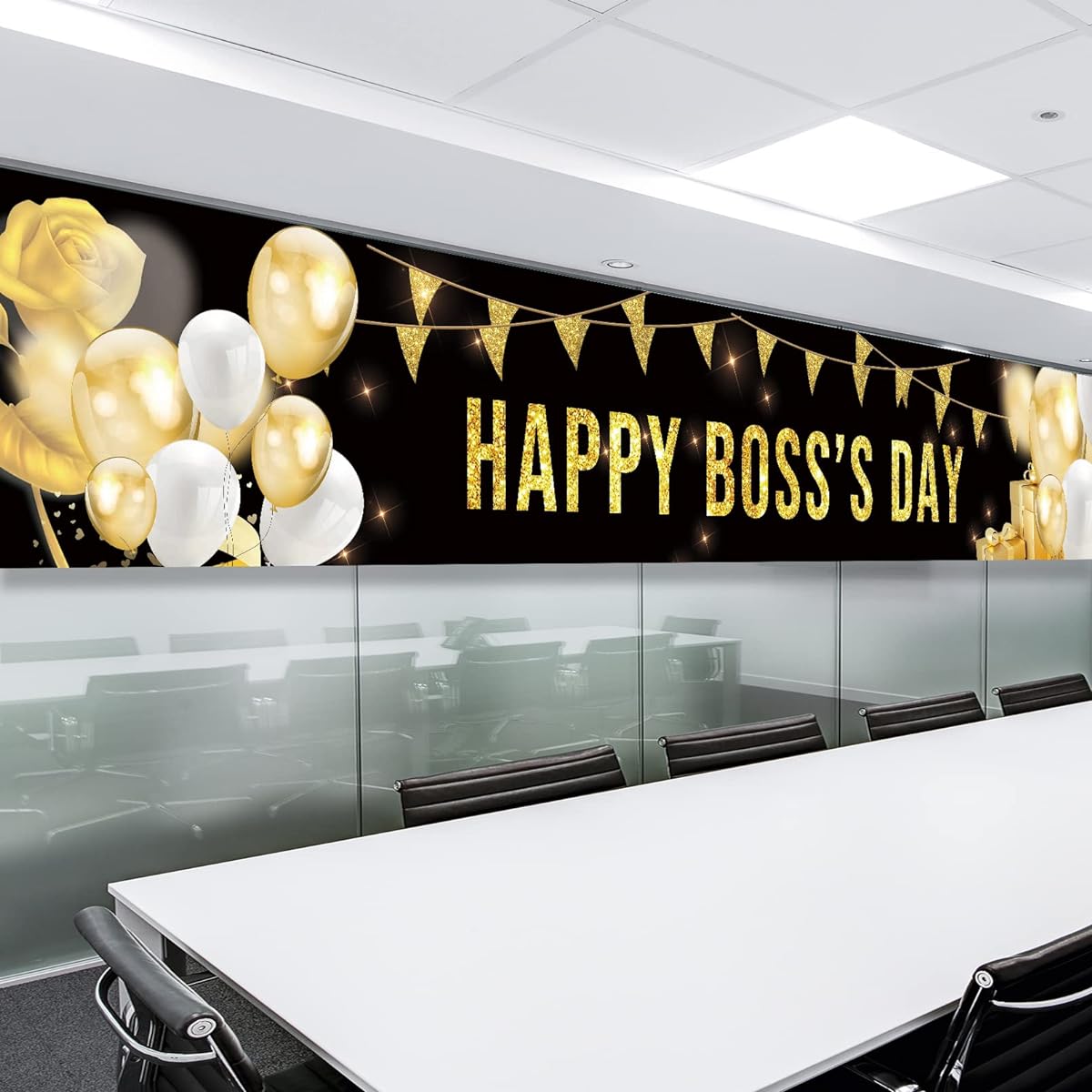 Big Happy Boss's Day Banner Black & Gold Boss's Day Decoration Supplies Boss's Day Party Decoration Backdrop for Office