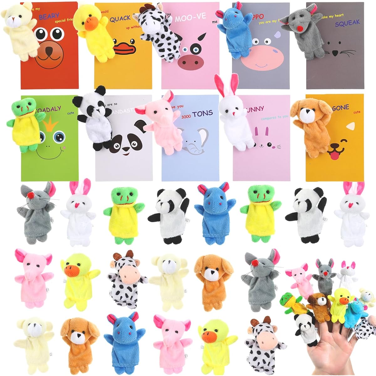 BILLMOSS Valentine's Day Finger Puppets with Greeting Cards, 20 Pack Plush Animal Puppets Toys for Kids School Gift Exchange
