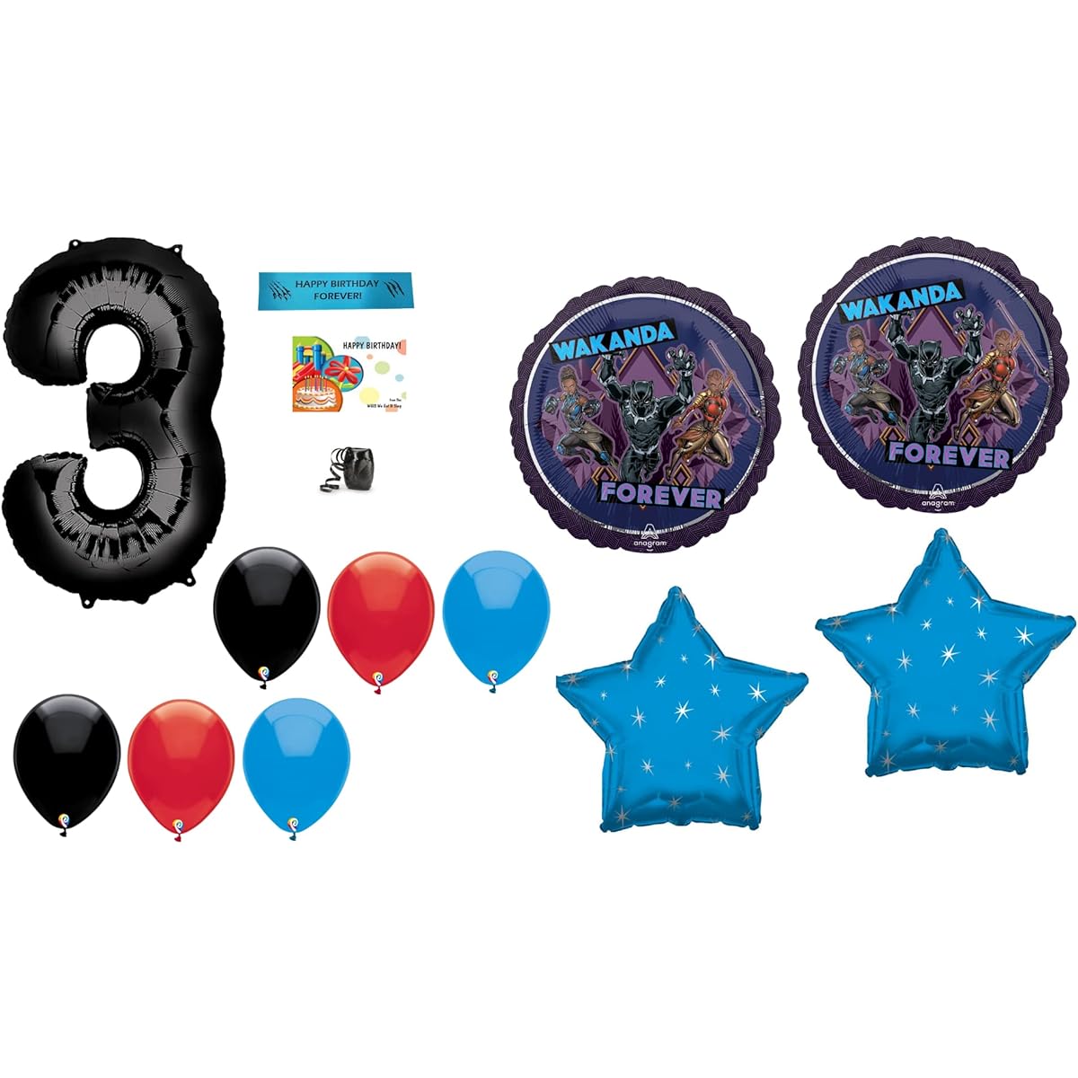 Wakanda Forever Party Supplies - Black Panther Superhero Balloon with Happy Birthday Ribbon (Number 3)