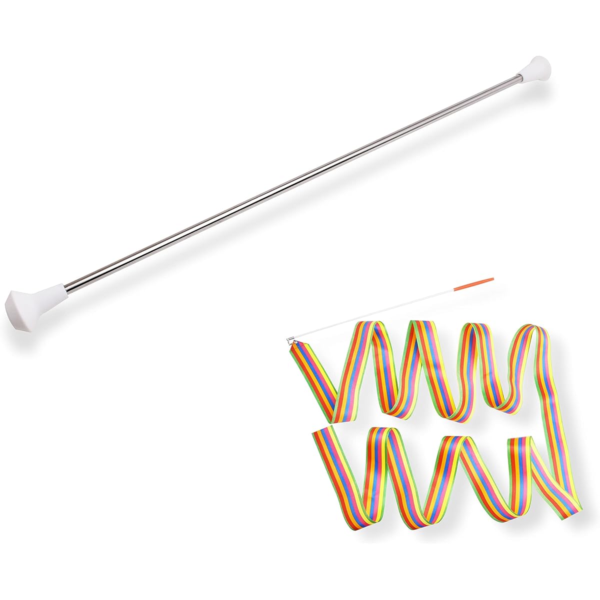 Bounec 22" Twirling and Marching Baton - Standard Stainless Steel Mini Shaft Rod with Rubberized Tip - Includes 1 Dance Ribbon Streamer (22")