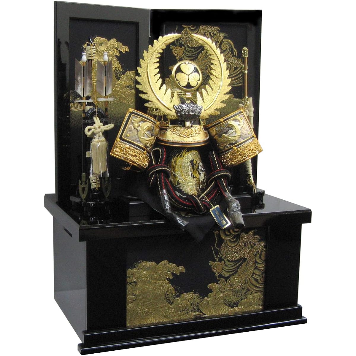 Wearing helmet, May doll, storage, Tokugawa Ieyasu, 23-size gold wearing helmet (pure silk lacing, raised engraving), width 60 cm, gold-painted golden dragon storage decoration, helmet decoration
