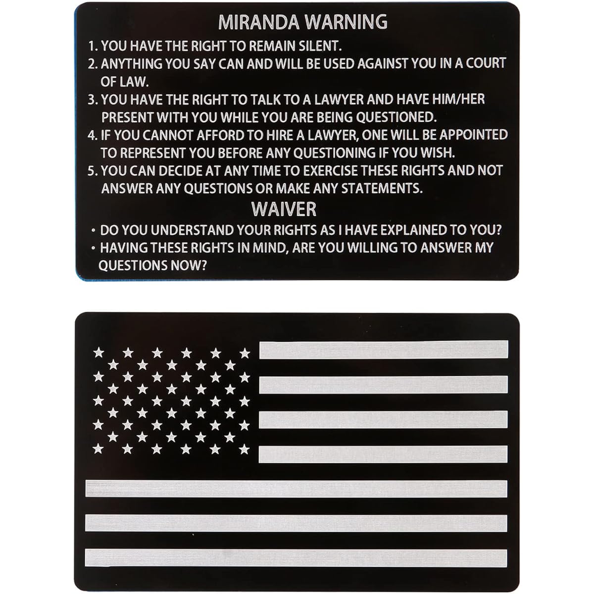 Blcak Metal Miranda Warning Cards with American Flag Laser Engraved Insert Cards Gifts 5 Count