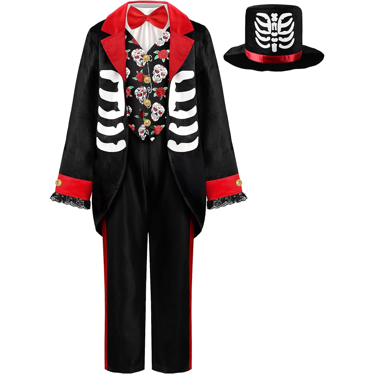 [ReliBeauty] Sugar Skull Cosplay for Kids, Boys, Halloween Costume, Prince, Zombie, Vampire, Jiangshi, Ghost, Mexican Skull Costume, Outfit, Hat Set, Black