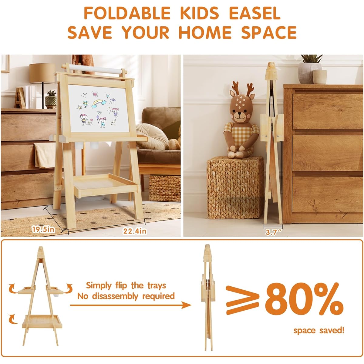 JUZBOT Kids Easel Deluxe Wooden Standing Kids Easel with 84 Paper & Accessories Foldable No Disassembly Magnetic Chalkboard & Whiteboard Kids Art Easel for Ages 3 4 5 6 7 8