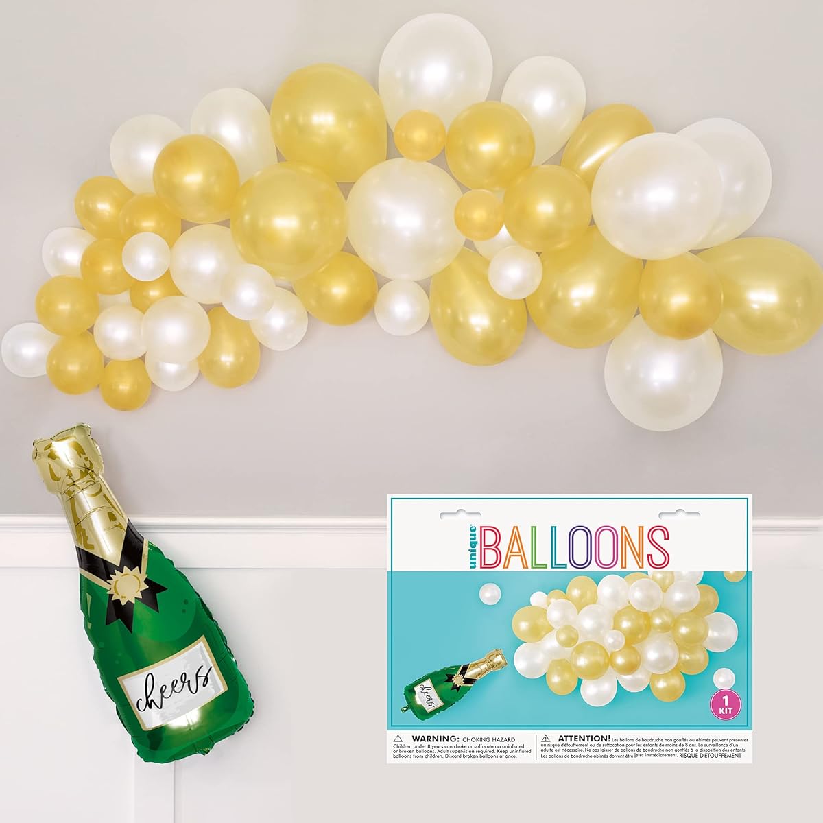 Unique Party Decorations Champagne Balloons Cascade Cheer Decoration Kit - 1 Arch with Blowout Bottle Spray - Engagement Wedding Anniversary Decoration Supplies Set Fancy Gold Balloons