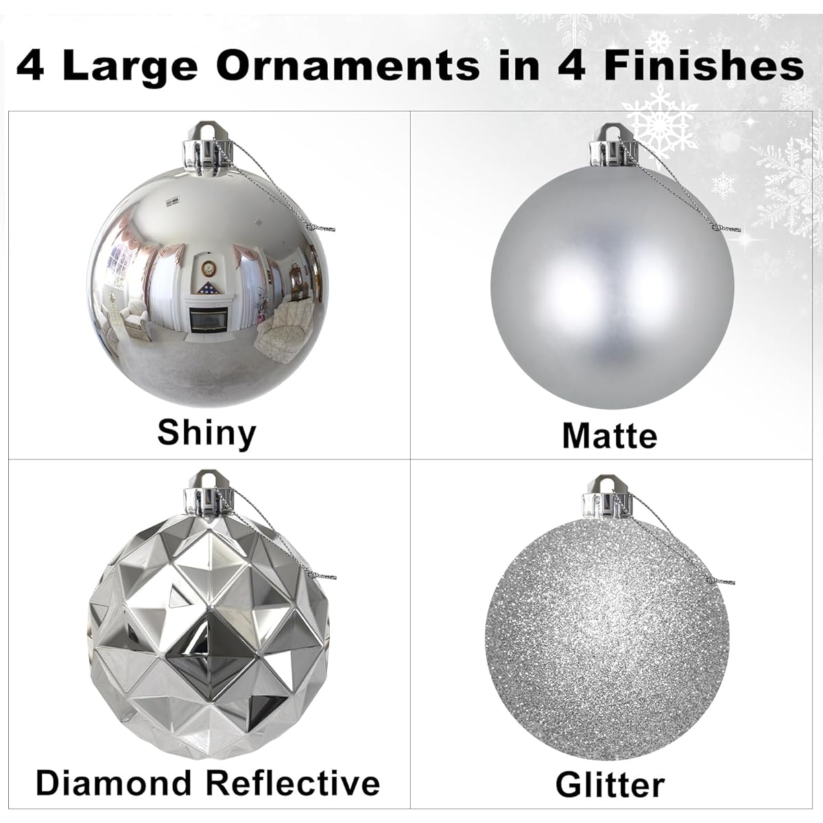 Silver 4" Large Christmas Balls Christmas Tree Decorations Ornaments Shatterproof Hanging Balls for Birthday Valentine's Day Easter Mardi Gras Holiday Wedding Decorations Set of 4