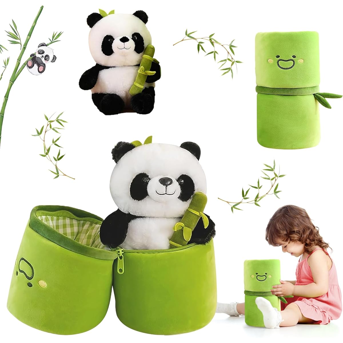 Emoin Panda Stuffed Animal Panda Plush Bamboo 2 in 1 Bamboo Tube Panda Pillow Tummy Time Toys for Babies Soft Plush Doll Gift for Boys Girls