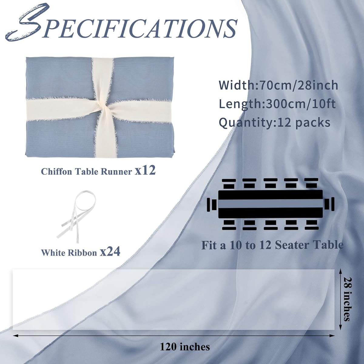 12 Pack 10ft Dusty Blue Chiffon Table Runner Wedding Table Runner 28 x 120 Inch Sheer Table Runner Decor Wedding Romantic Bridal Shower Baby Shower Birthday Party Cake Table