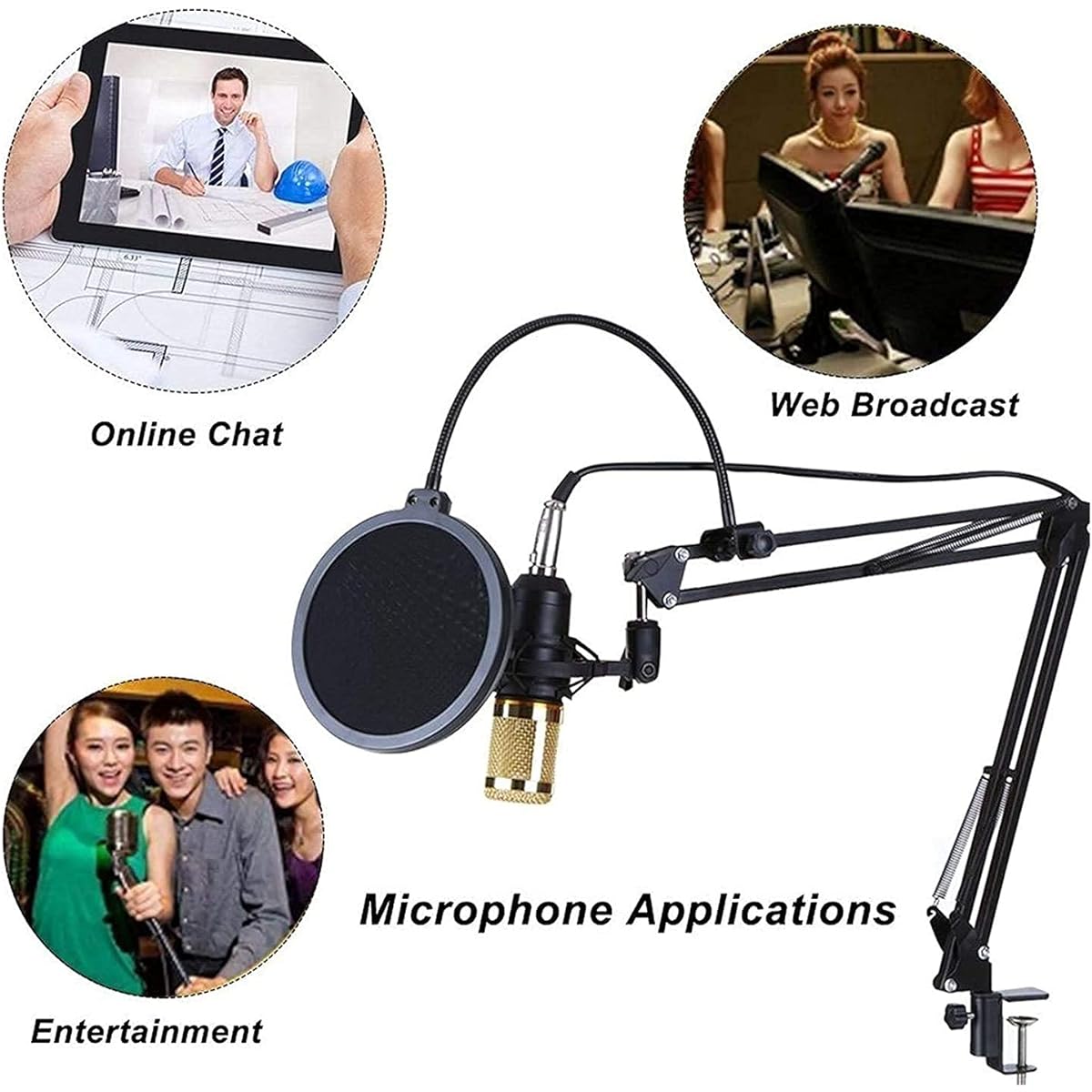 BM-800 Professional Condenser Microphone Set, Rechargeable V8 Sound Card with 12 Auxiliary Background Sounds for Podcast, Studio Recording DDF