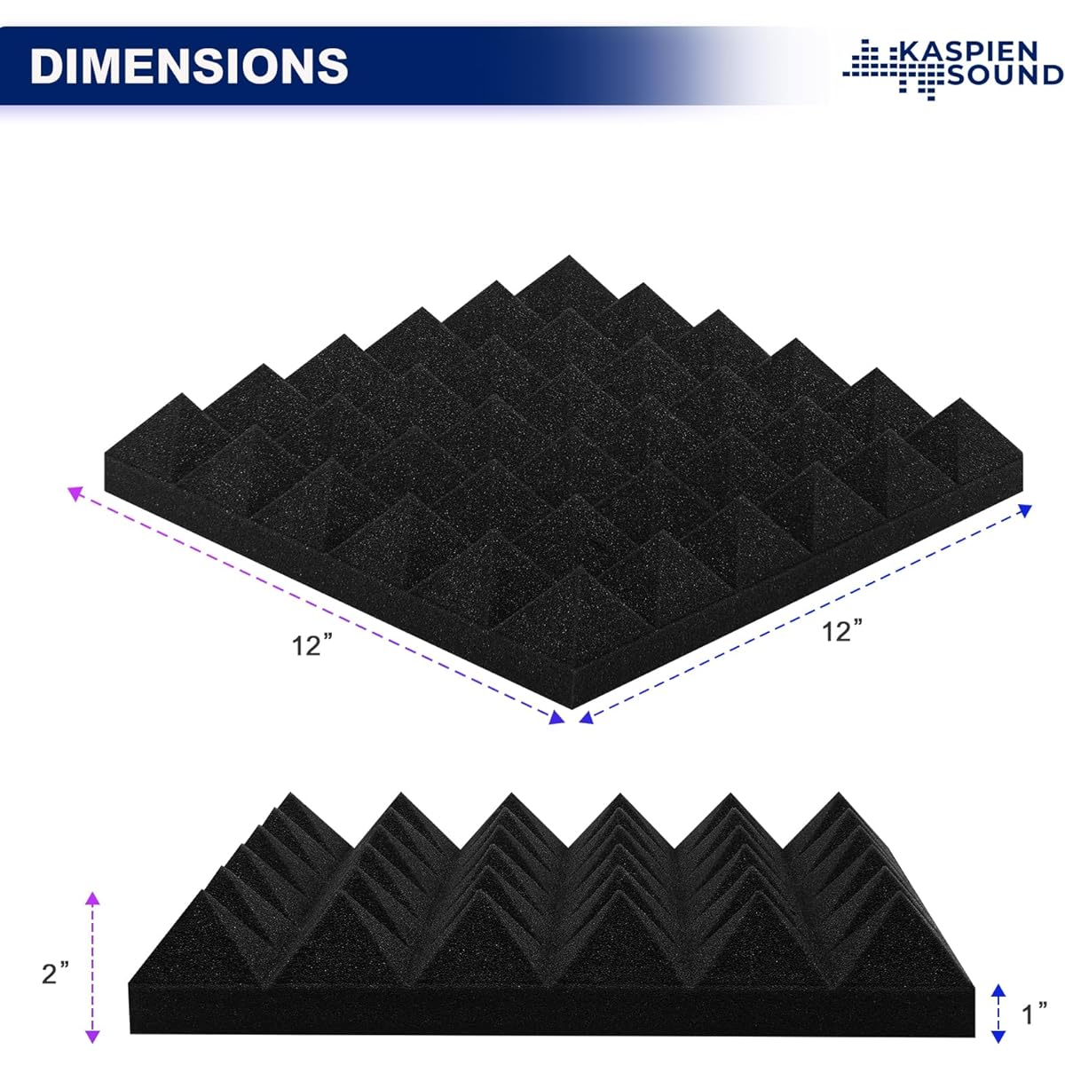 Kaspien Sound | Pack of 24 | High Density Acoustic Foam Wall Panels | Pyramid Shape | Double Sided Adhesive Tape | Sound Absorbing Acoustic Panels | Acoustic Foam Panels for Walls | 12x12x2 inches