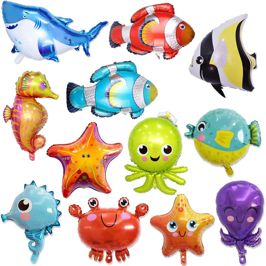 12pcs Ocean Animal Foil Balloons Party Supplies Decorations - Ocean Animal Balloons Cartoon Fish Balloons for Summer Beach Pool Baby Shower Birthday Party Favors