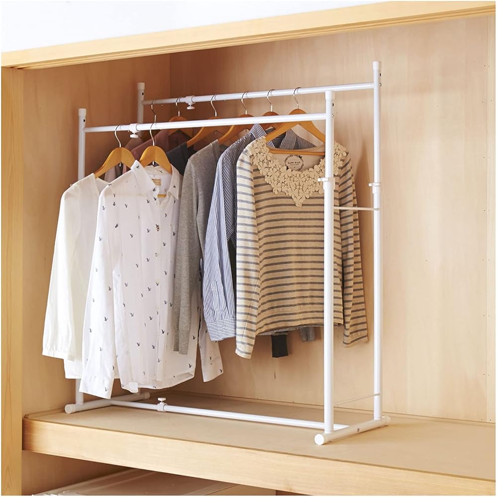 HEIAN SHINDO Hanger Rack, Closet Storage, 2 Rows, Vertical and Horizontal Stretchable, White, Width 75~130cm, Height 81~110cm, Depth 40cm OHW-20 Heian Shindo Kogyo