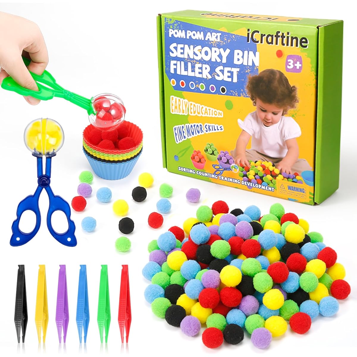 iCraftine 170 Piece Counting Fine Motor Skills Sensory Bin Filler with 12 Sorting Bowls, 150 Pom Poms, 6 Tweezers, 2 Scooper Scissors for Early Education Sorting Counting Training