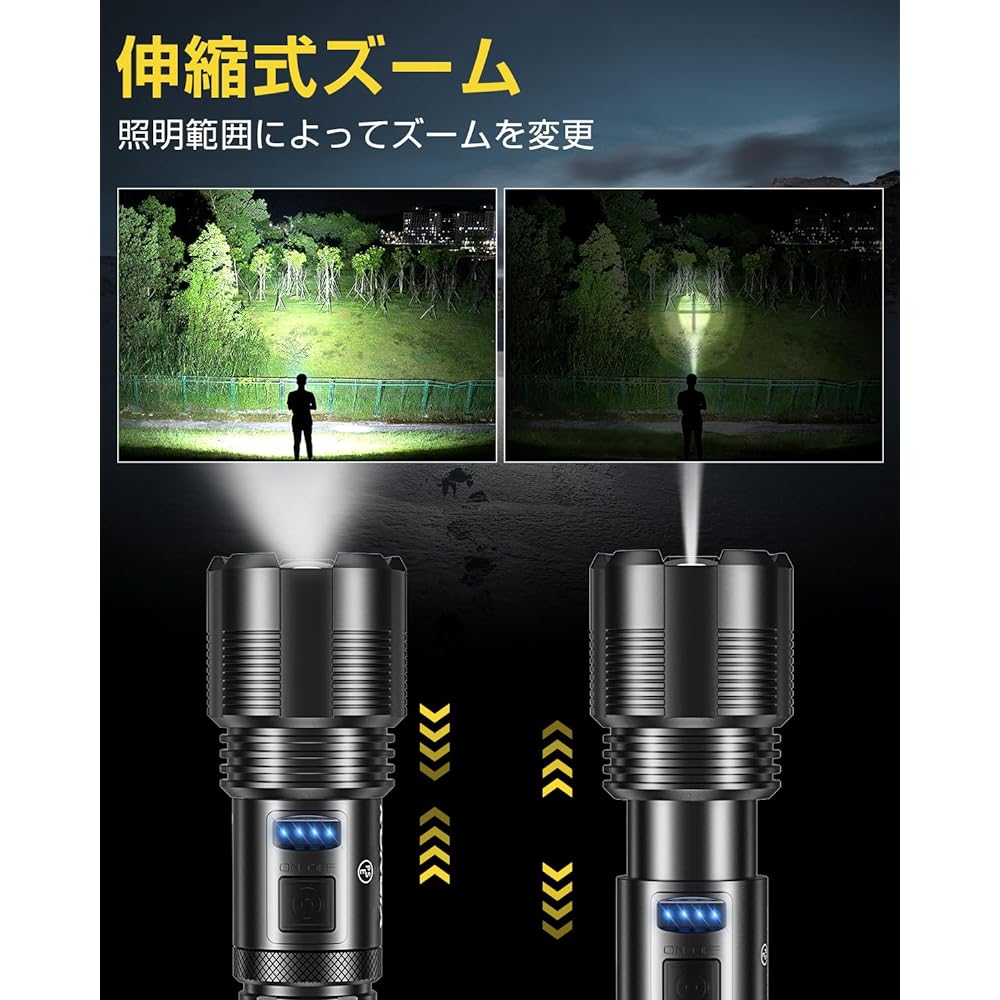 Flashlight, Ultra Bright Chip, Handy Light, USB Type-C Rechargeable, Powerful, High Brightness, 5,000 Lumens, 5 Modes Dimming, IP54 Waterproof, Dustproof, Zoom Type, Lightweight, Aluminum Alloy,