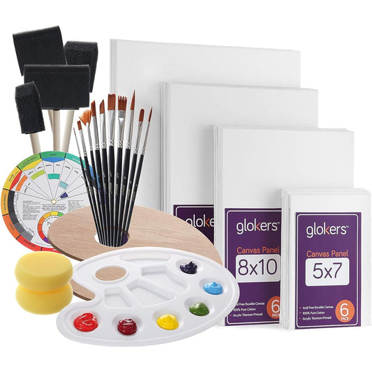 Glokers Canvas Panel Paint Kit | Art Supplies Set with Paint Palette, Sponge Brush, Canvas, Paint Brush, Mixing Wheel | Distortion-Free Paint Canvas Perfect for Acrylic, Oil, Watercolor