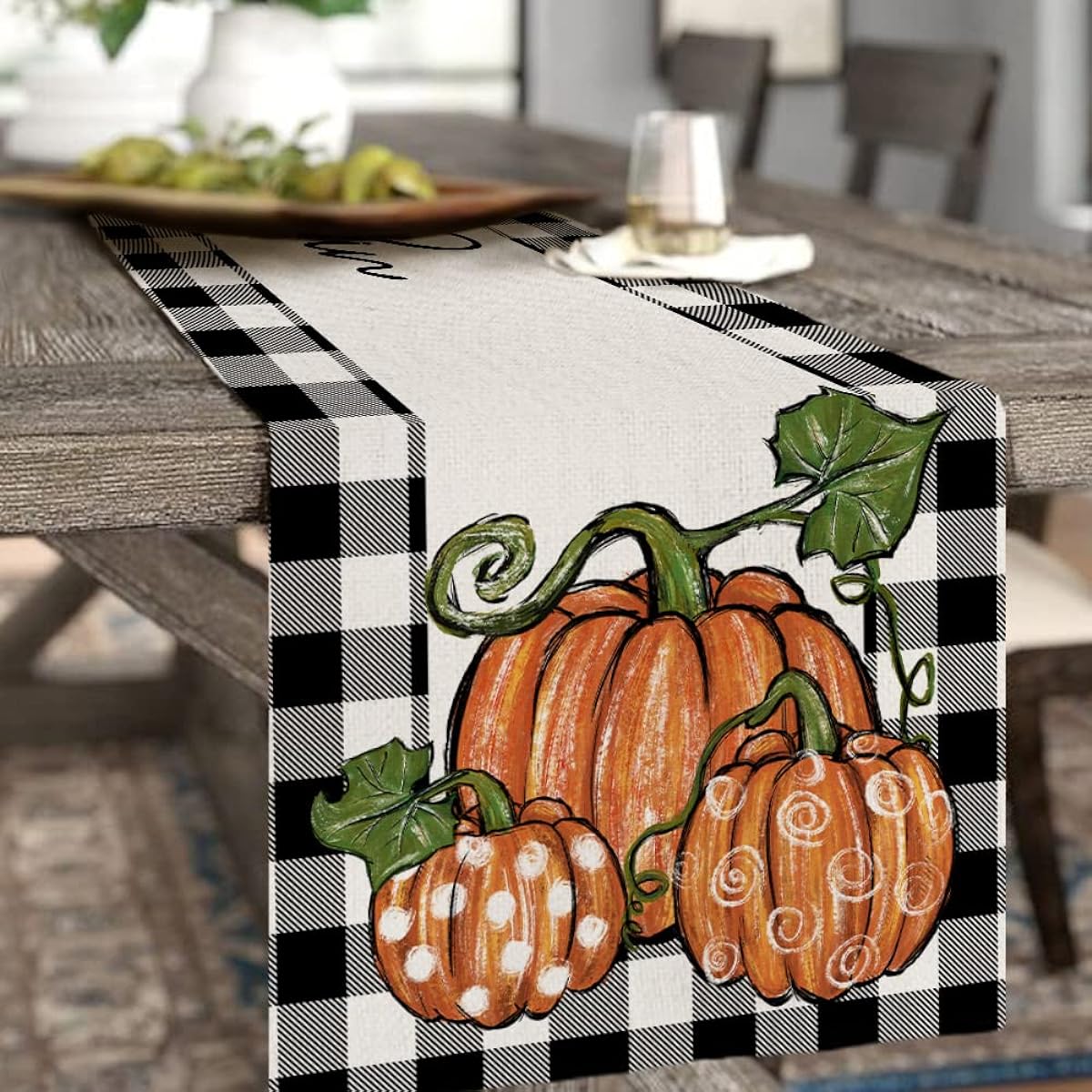 ARKENY AT261-108 Fall Thanksgiving Table Runner 13x108 Inch Pumpkin Seasonal Burlap Buffalo Check Farmhouse Indoor Table Fall Decorations for Home Party
