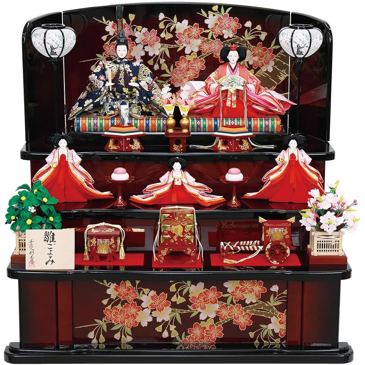 Hina dolls, Hina dolls, celebration, three-tiered display, assembly required, first festival, five-person display, 5 people, persimmon color, black blur, cherry blossoms, Hina dolls, modern, Hinamatsuri, stylish, Jinya