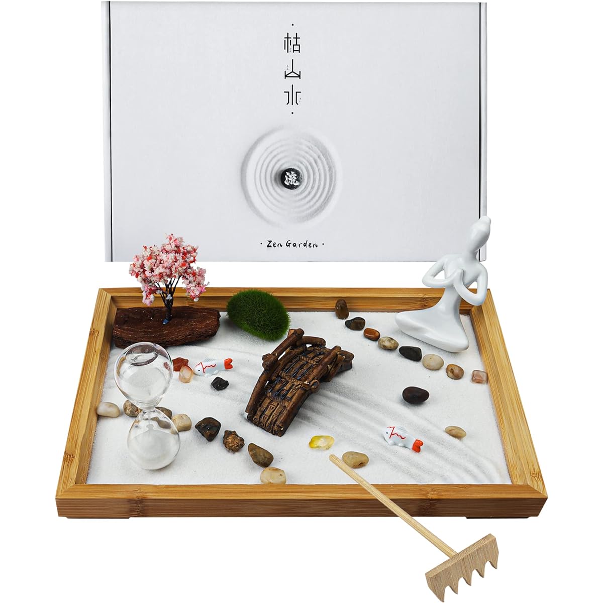Melonva Japanese Zen Garden for Desk - Life Flows 12" x 8" Desktop Mini Zen Garden with White Sand, Artificial Trees, Rocks, Rake Accessories - Meditation Zen Gifts, Sand Tray, Play Kit, Zen Decor
