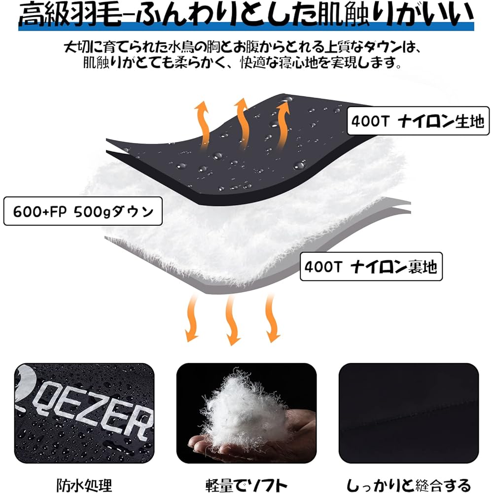 QEZER Down Sleeping Bag, Envelope Type Sleeping Bag, Suitable for 3 Seasons, Spring, Summer, and Autumn, 600FP Down, 400T Water Repellent, Compact, Ultra Lightweight, Connectable for 2 People, For Camping, Sleeping in the Car, Climbing, Evacuation, Stora