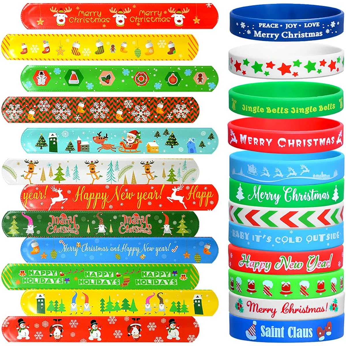 VKTEN 48pcs Christmas Party Favors Silicone Bracelets Slap Bracelets Assorted Christmas Wristbands for Kids Girls Boys Toddlers Christmas Stocking Filler Gifts