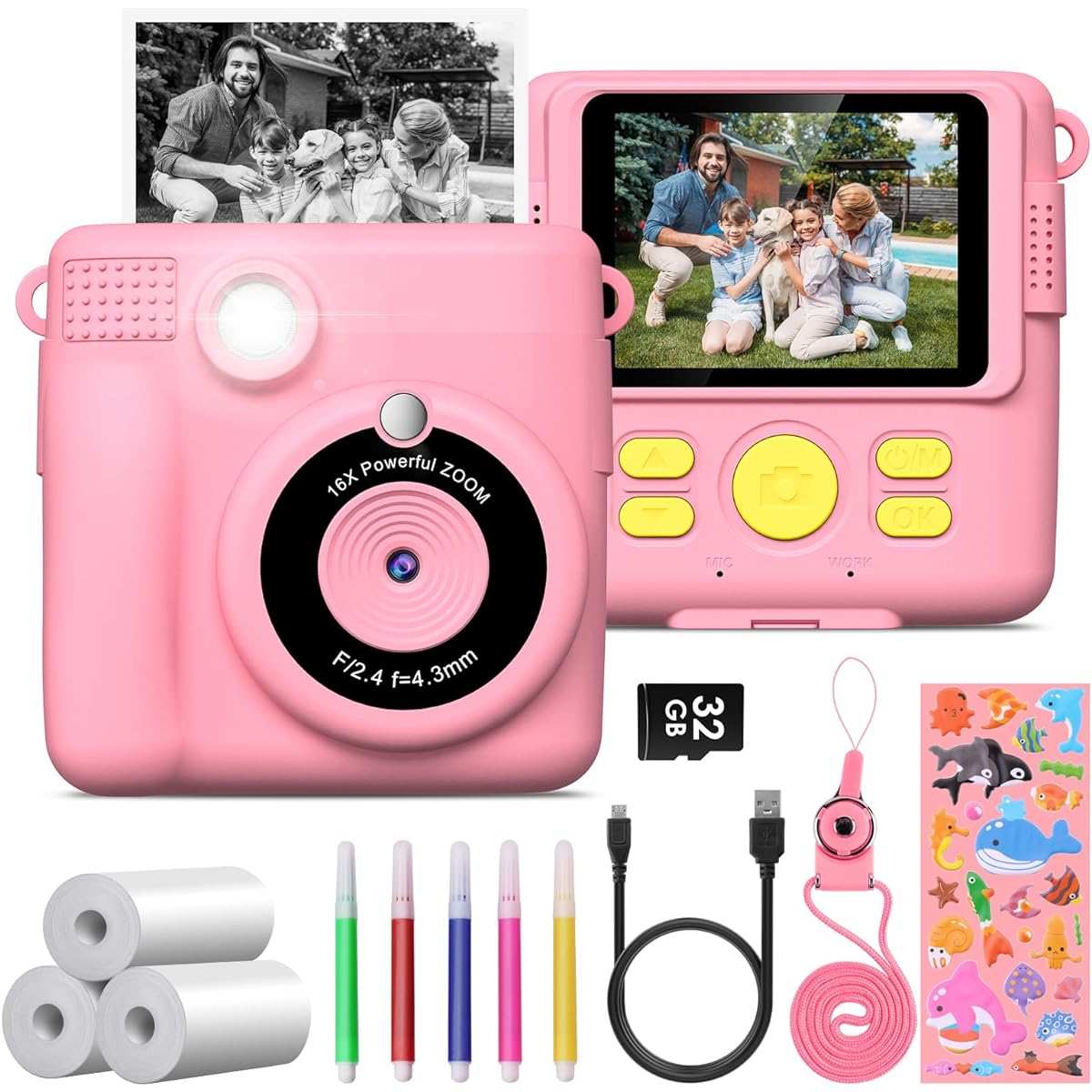 GREENKINDER Kids Instant Print Camera Kids Instant Camera Birthday Gift for Girls/Boys 2.4 Inch/1080P with 32GB Card and Print Card for Girls 3-12 Years Old (Pink)