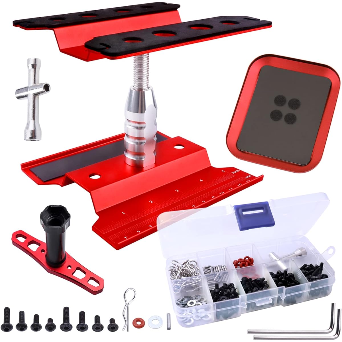 RC Car Work Stand Repair Workstation Aluminum Alloy 360 Degree Rotation with Screw Kit & Screw Tray Wheel Wrench Repair Tool for 1/8 1/10 1/12 Scale Model Cars Trucks (Red)
