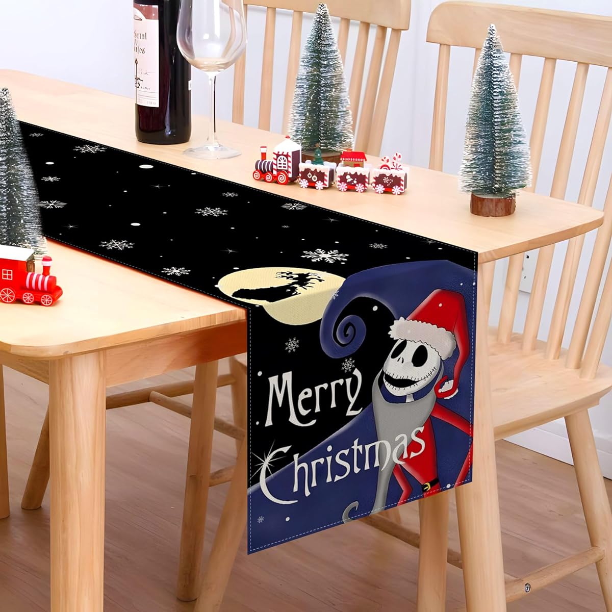 Sunwer Merry Christmas Table Runner Nightmare Before Christmas Decorations Jack Skellington Birthday Party Supplies Home Kitchen Dining Room Decor 72" Long