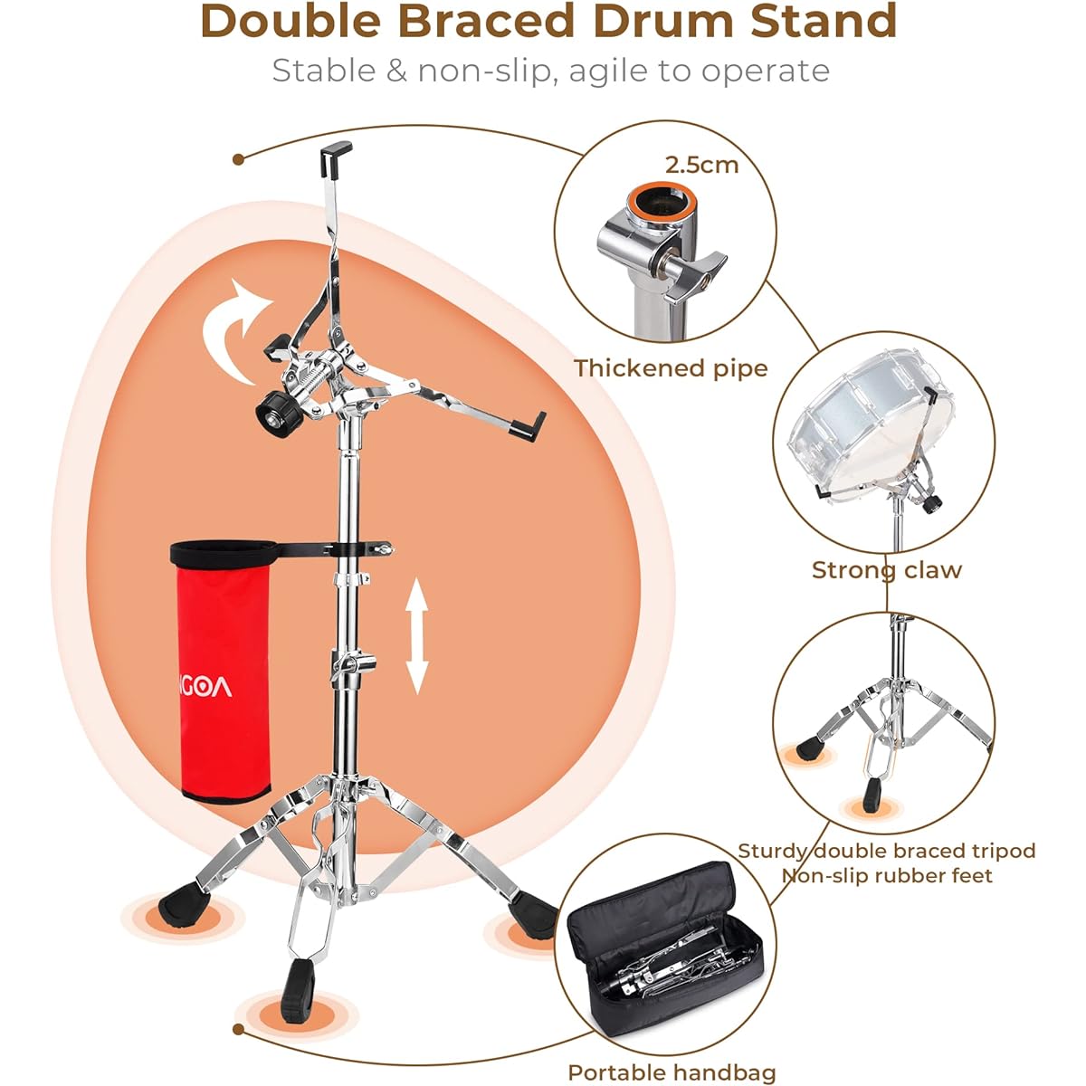 Vangoa Snare Drum Set Student Snare Drum Kit with Stand Drum Mute Pad 5A Drumsticks Drum Key Sticks 14" x 5.5" Brown