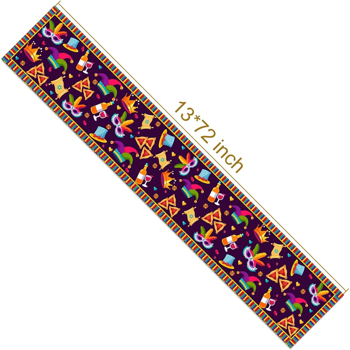Vohado Happy Purim Table Runner Jewish Holiday Carnival Party Circus Crown Table Cover Hammantashen Hat Mask Glagger Tablecloth Linen Indoor Outdoor Birthday Holiday Party Table Decor