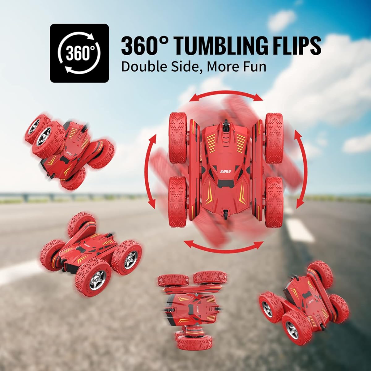 SGILE RC Stunt Car Toy Gift 4WD Remote Control Car Double Sided 360 Degree Rotation RC Car for Kids Girls Boys Age 6 7 8 12 Red