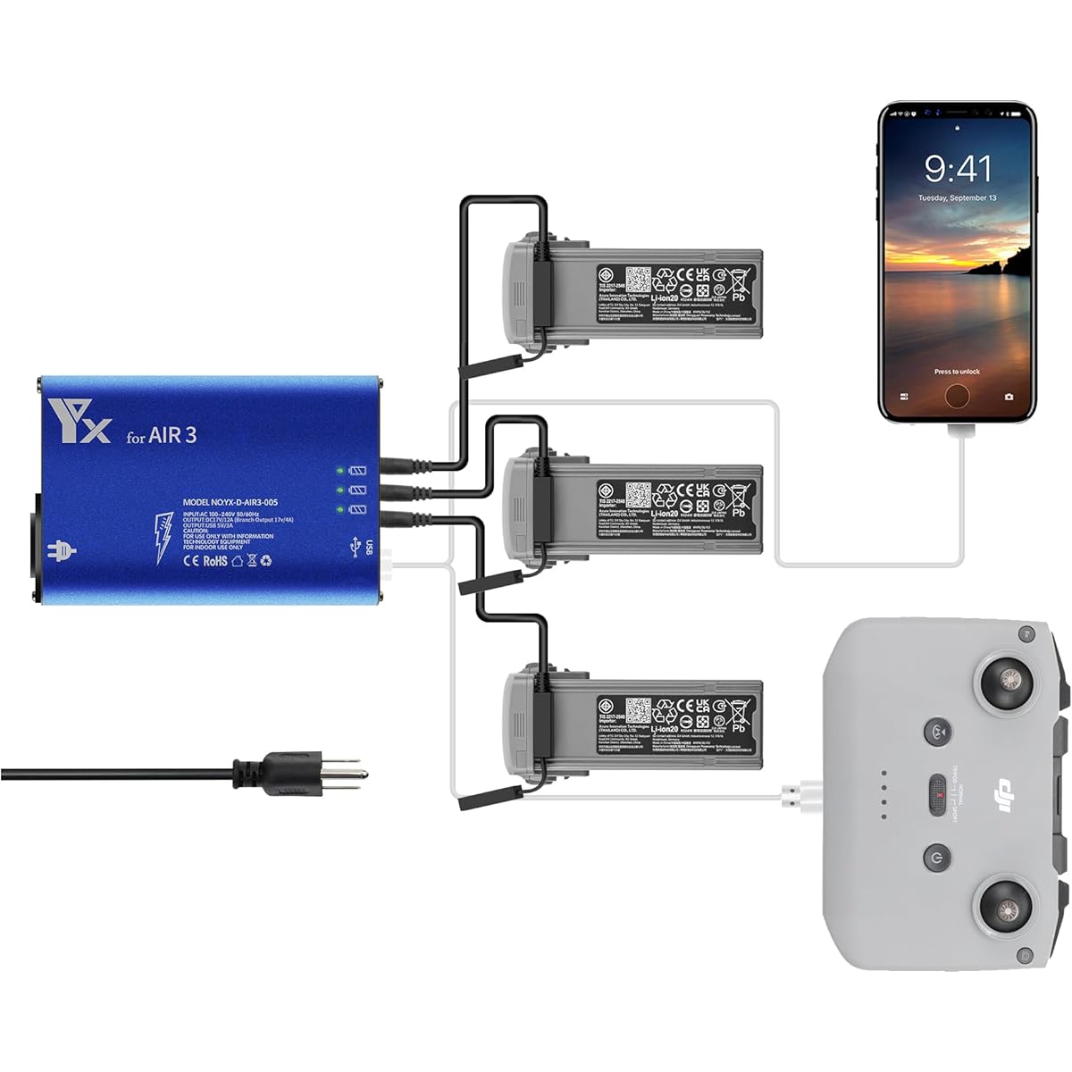 Multi-Battery Charger for DJI Air 3, Battery Charging Hub Compatible with Mavic Air 3 Batteries and Transmitters