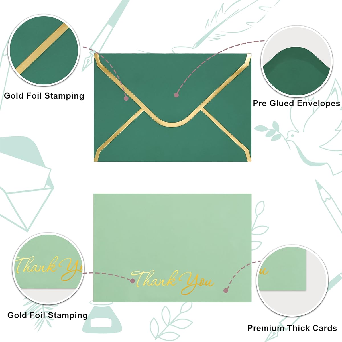LANLISA 33 Sage Green Thank You Cards with Envelopes, 5.5x3.5 Inch Gold Thank You Notes, Heavy Duty Greeting Cards for Birthday, Wedding, Bridal Shower, Baby Shower, Business, Graduation