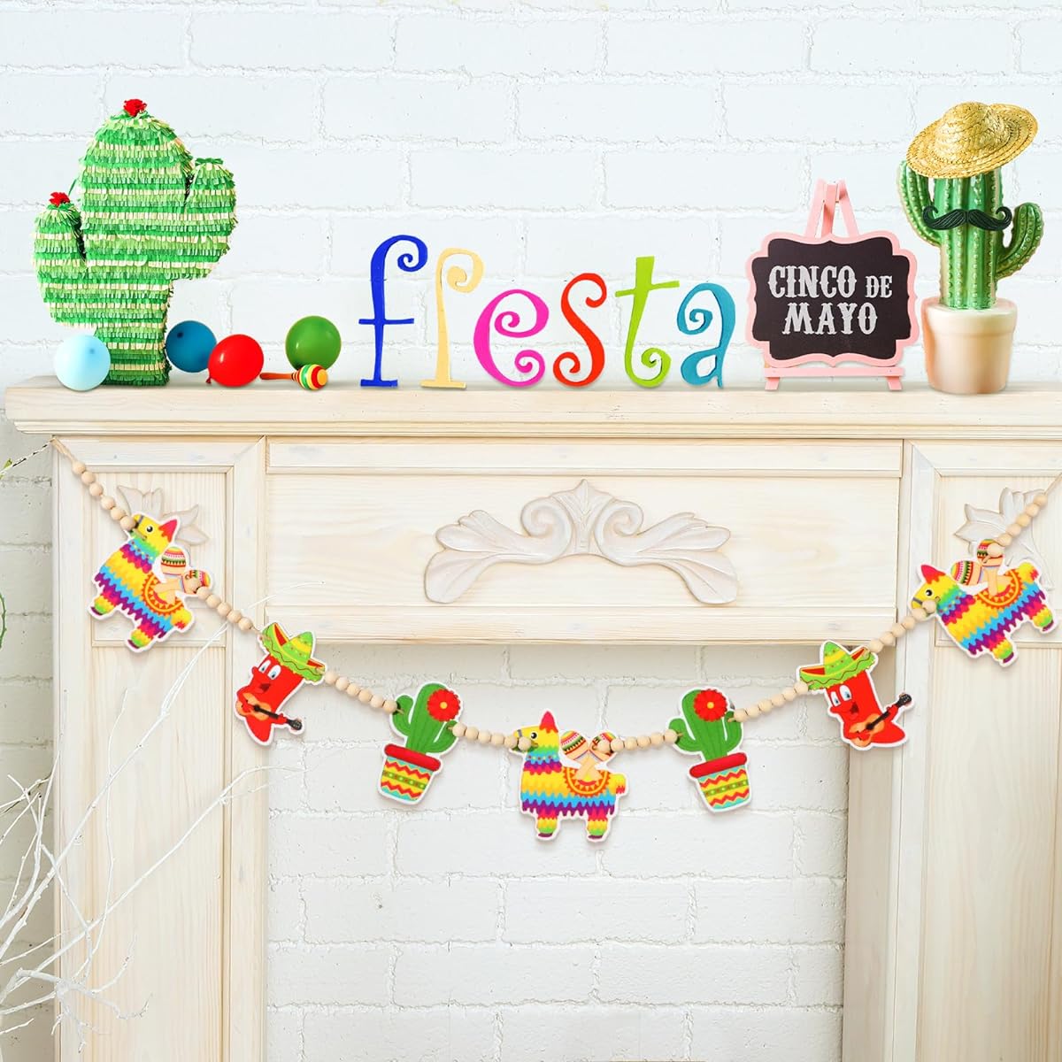 Capoda Mexican Decorations Cinco de Mayo Banner Fiesta Garland Wood Beads Felt Garland Home Mantel Fireplace Farmhouse Wall Indoor Mexican Fiesta Party Favors Supplies 4ft