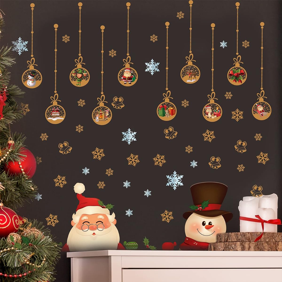 WALPLUS 71pcs Christmas Wall Decal Stickers Peeking Santa Claus Snowman Christmas Ornament Stickers Christmas Decorations Christmas Holiday Home Office Decor