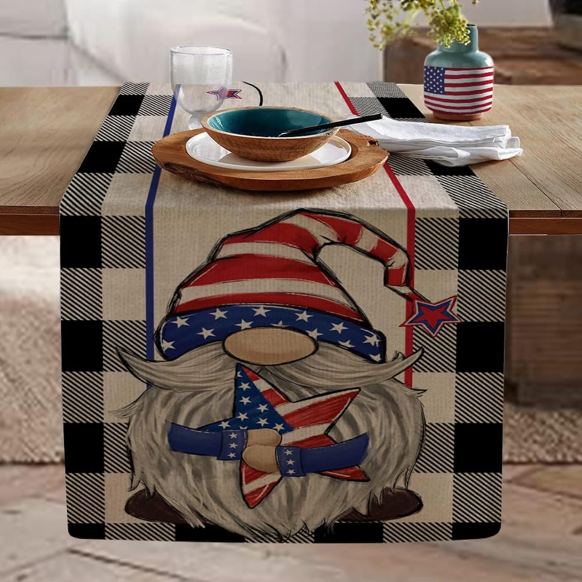 4th of July Decoration Table Runner 13x72 Inch Memorial Day American Flag Stars and Stripes Patriotic Gnome America Ring of Liberty Freedom Independence Day Decor AT209