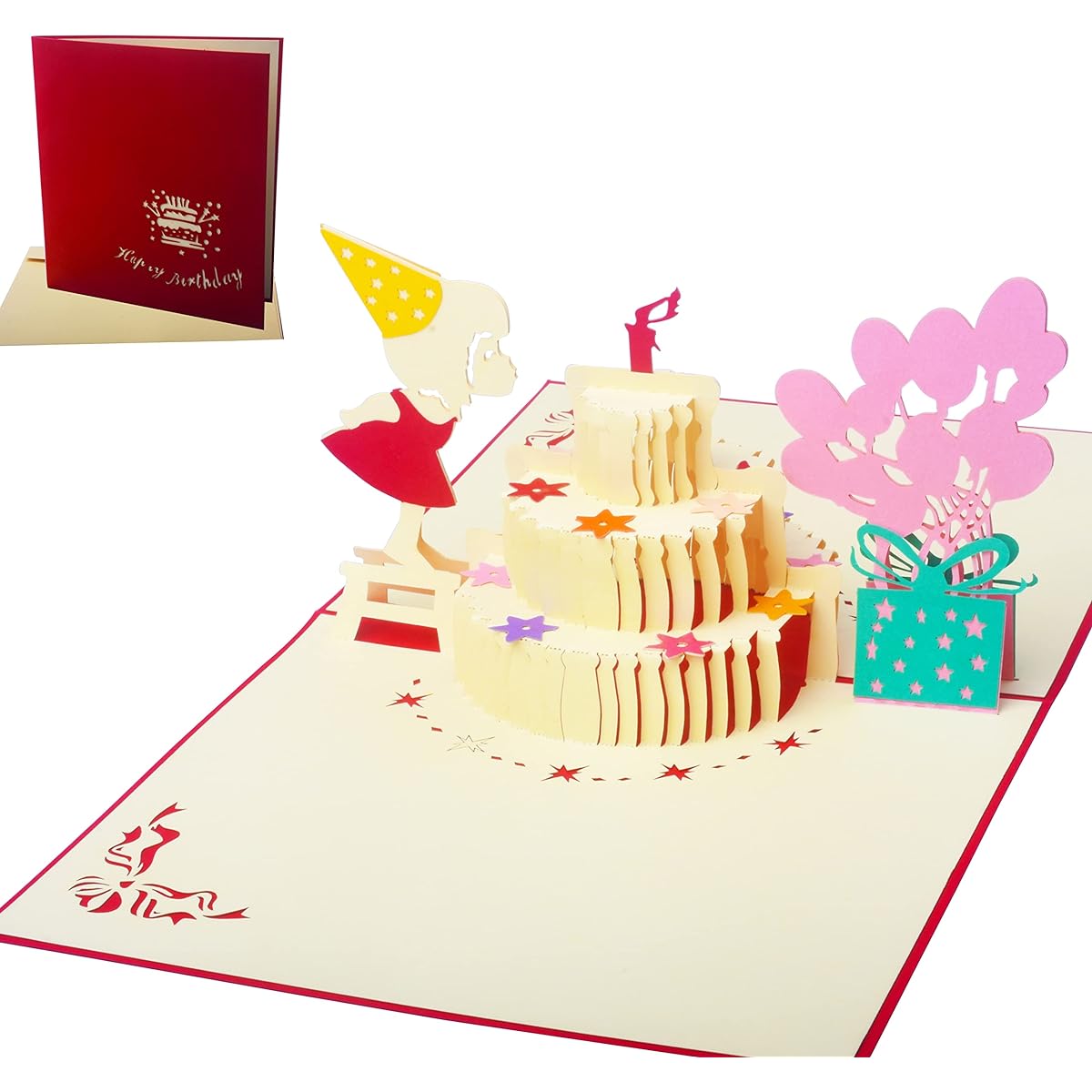 3D Birthday Card Lovely Girl Birthday Cake Pop Up Card Surprise Gift for Kids/Daughter/Granddaughter Unique Handmade Gift with Envelope & Message Note for Friends/Lover/Family 5" x 7"