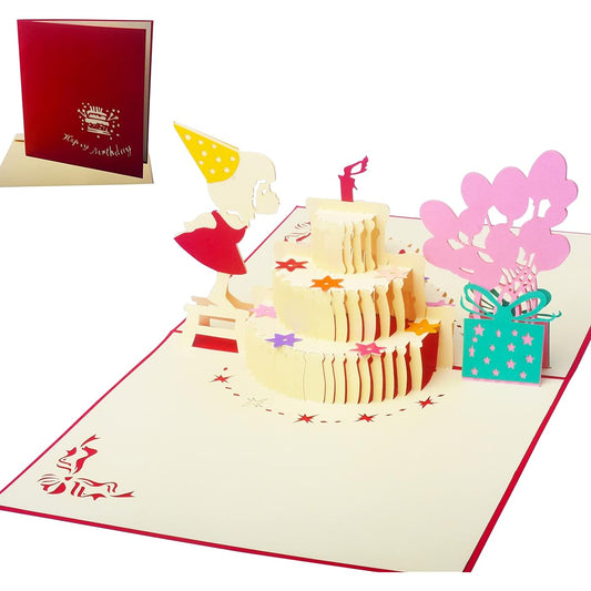 3D Birthday Card Lovely Girl Birthday Cake Pop Up Card Surprise Gift for Kids/Daughter/Granddaughter Unique Handmade Gift with Envelope & Message Note for Friends/Lover/Family 5" x 7"