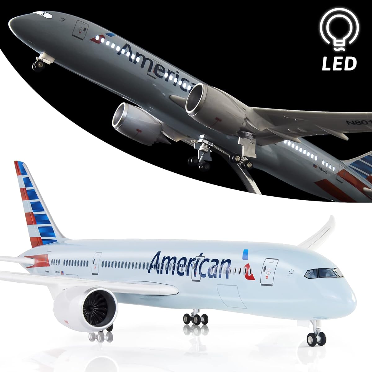 Lose Fun Park 1:130 Scale Large Model Airplane American Boeing 787 Airplane Model Diecast Airplane with LED Light for Collection or Gift