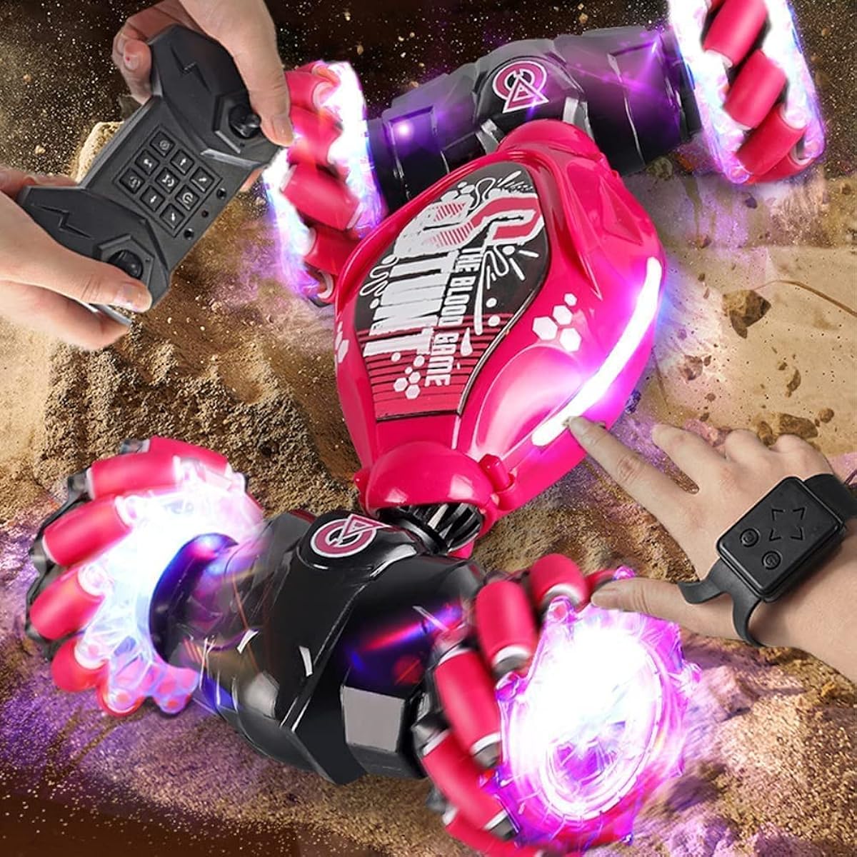 2023 Gesture Sensing RC Stunt Car with Lights & Music Remote Control Gesture Sensor Toy Vehicle Double-Sided 360° Rotation Off-Road Vehicle 2.4GHz RC Stunt Car Boys Girls Gift (Red)