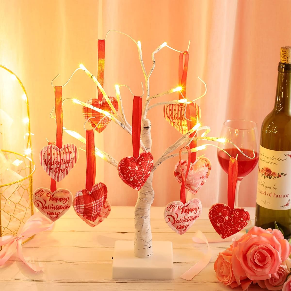 Valentine's Day Decoration White Tree Pre-lit Birch Tree Light Set with 10 Hanging Heart Ornaments and Lights for Home Desk Valentine's Day Wedding Decor