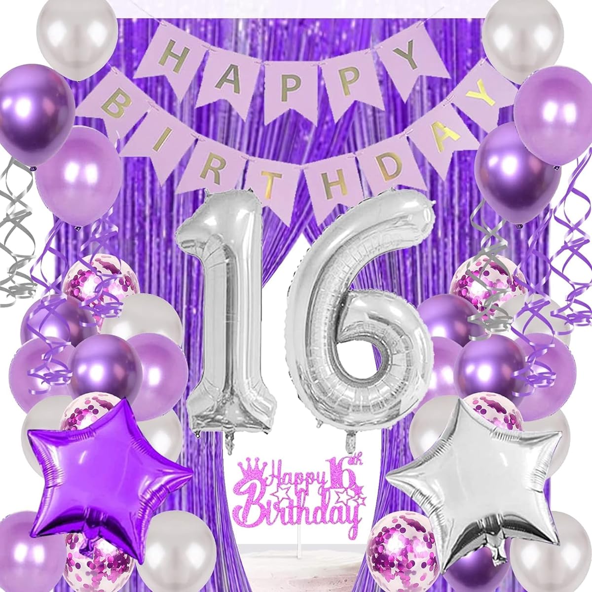 Purple 16th Birthday Decorations for Girls, Purple Sweet 16th Birthday Supplies, Happy Birthday Banner, Cake Topper, Fringe Curtain, Silver Number 16 Foil Balloon, Party Decorations