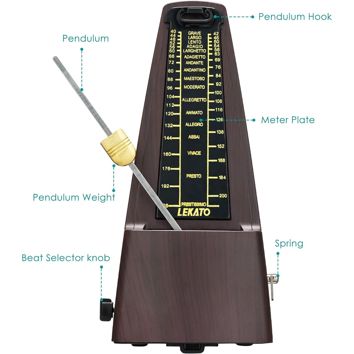 LEKATO Mechanical Metronome - Accurate Track Beat & Tempo for Piano/Guitar/Ukulele/Violin, Loud Volume, Wood Grain Finish, For Musicians
