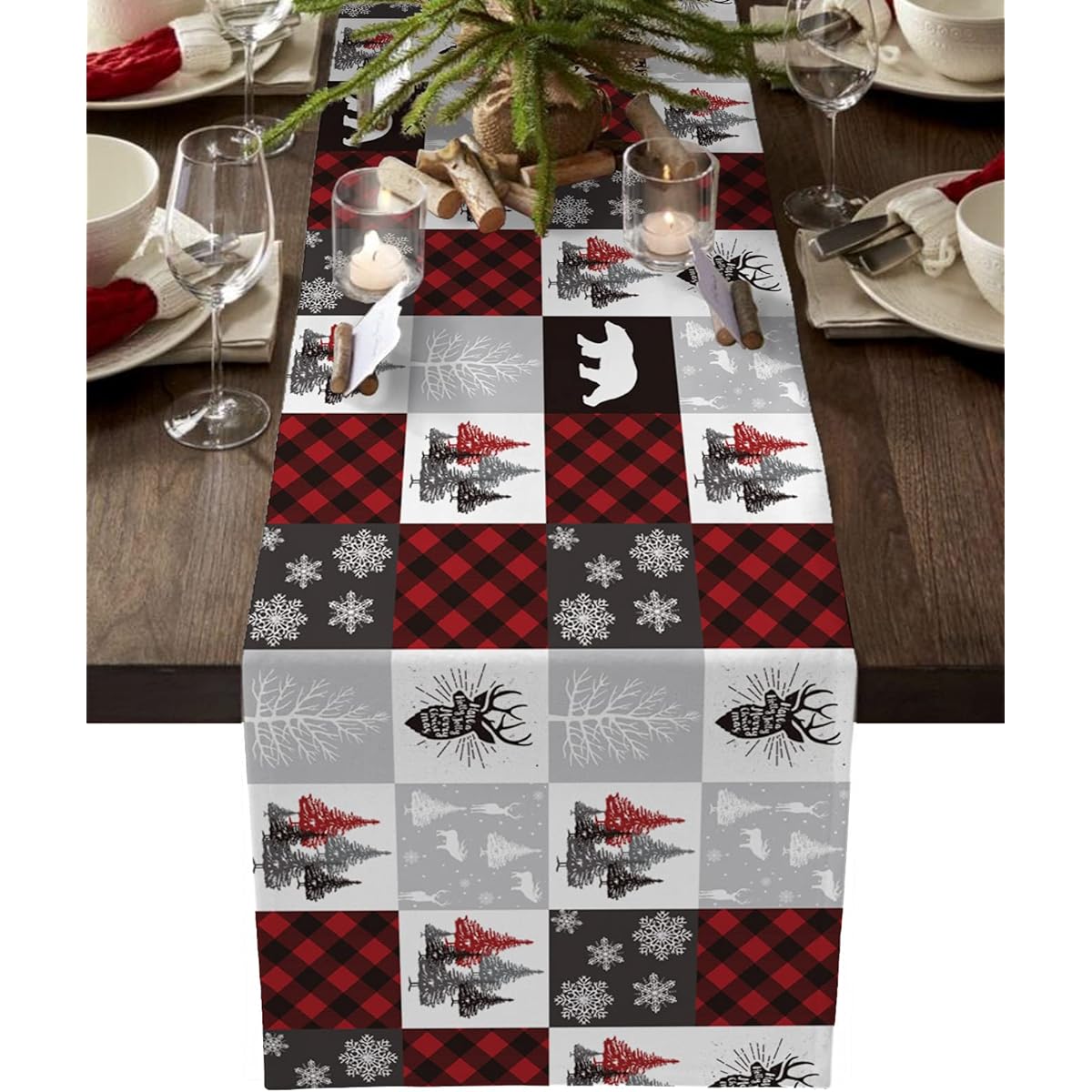 Christmas Buffalo Plaid Table Runner Christmas Checkered Plaid Moose Party Holiday Kitchen Dining Room Decor Christmas Tree Bear Dinner Runner 13" x 48"