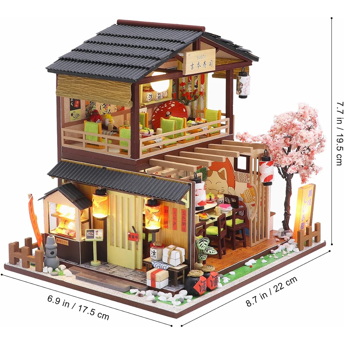 GuDoQi DIY Miniature Dollhouse Kit Wooden Mini Dollhouse with Furniture Small House Kit Dust Cover DIY Miniature Kit Perfect Handmade Craft Gift Japanese Sushi Restaurant