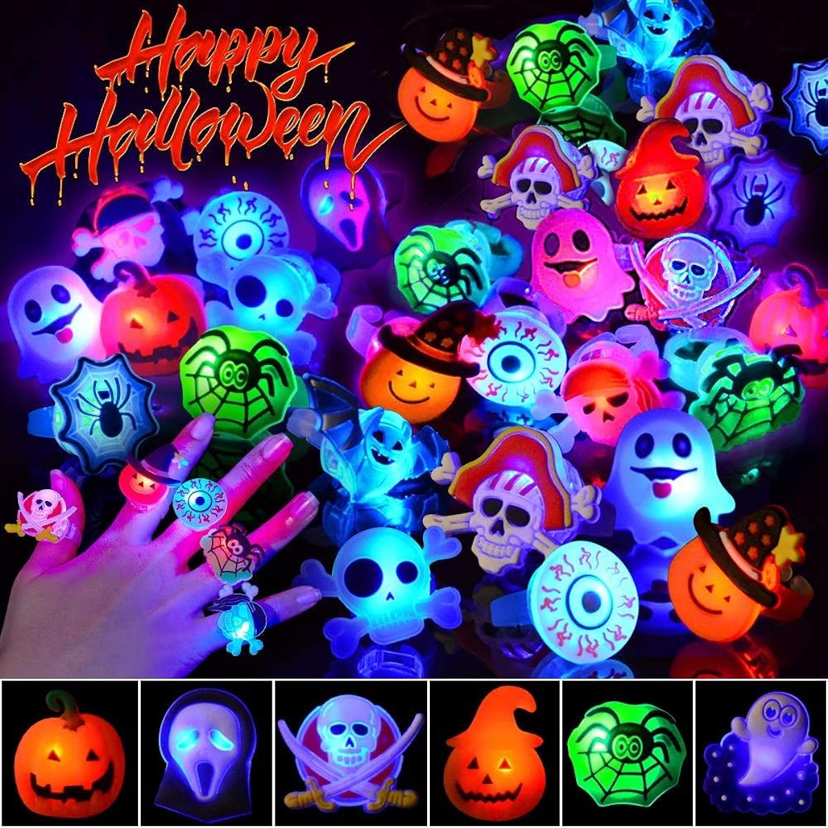 Coluans 25pcs Halloween Party Favors LED Flash Rings for Kids and Adults Halloween/Treat Non-Candy Gift Bag Stuffers 50pcs