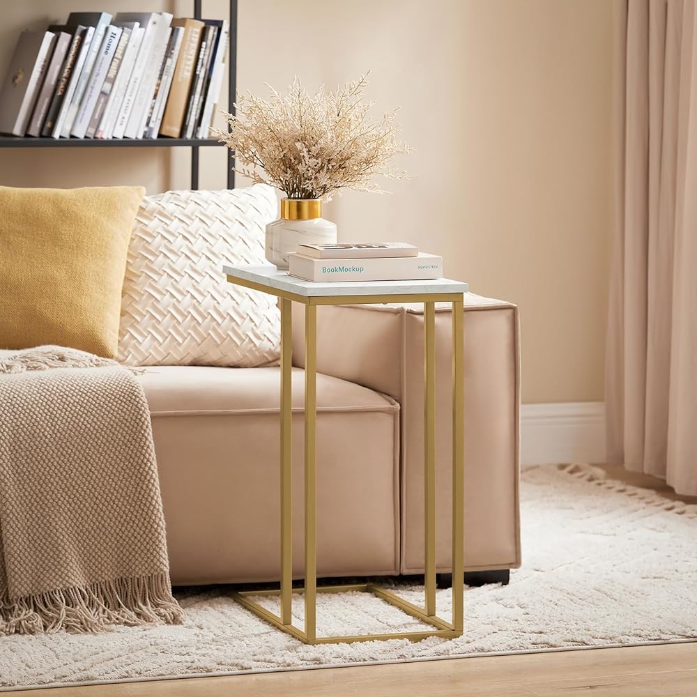 SoBuy Side Table, Stylish Night Table, Bedside Table, Slim, Marble Style, Width 48 x Depth 30 x Height 60 cm, Metal Color, U-shaped Mini Table, Working from Home, Living Alone, Computer Desk (FBT87-G/Gold)