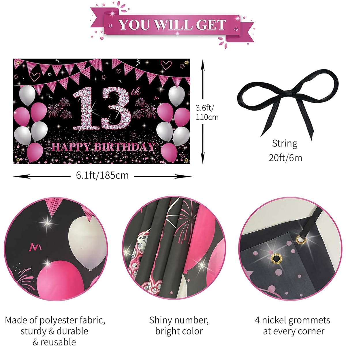 HTDZZI 13th Birthday Decoration Happy 13th Birthday Background Banner for Girls Hot Pink 13th Birthday Party Yard Sign Photo Booth Props Backdrop Decoration Fabric
